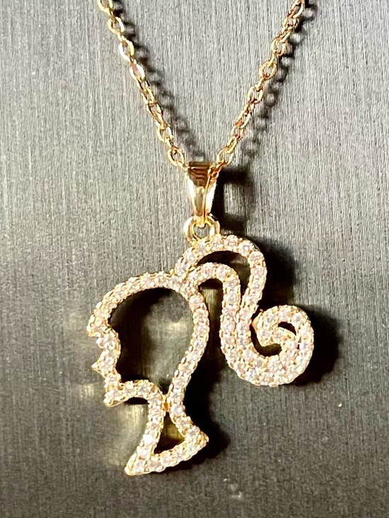 Jewelry - Gold-Tone Rhinestone Barbie Profile Pendant Necklace